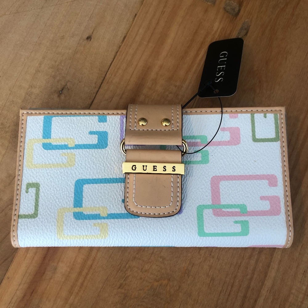 GUESS White Wallet with Pastel Multicolor Logo Print and Tan Trim. NWT.